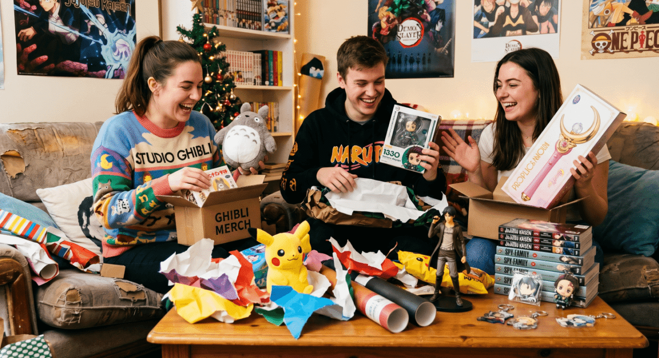 Drei Anime-Fans freuen sich über Anime Geschenke wie Manga, Figuren, Ghibli Merch, Plüschfigur und Sailor-Moon-Zubehör.