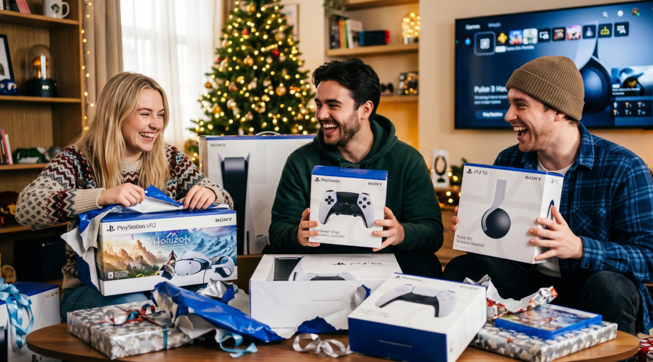 Drei Freunde freuen sich an Weihnachten über PS5 Zubehör wie PlayStation VR2, Controller und Headset.