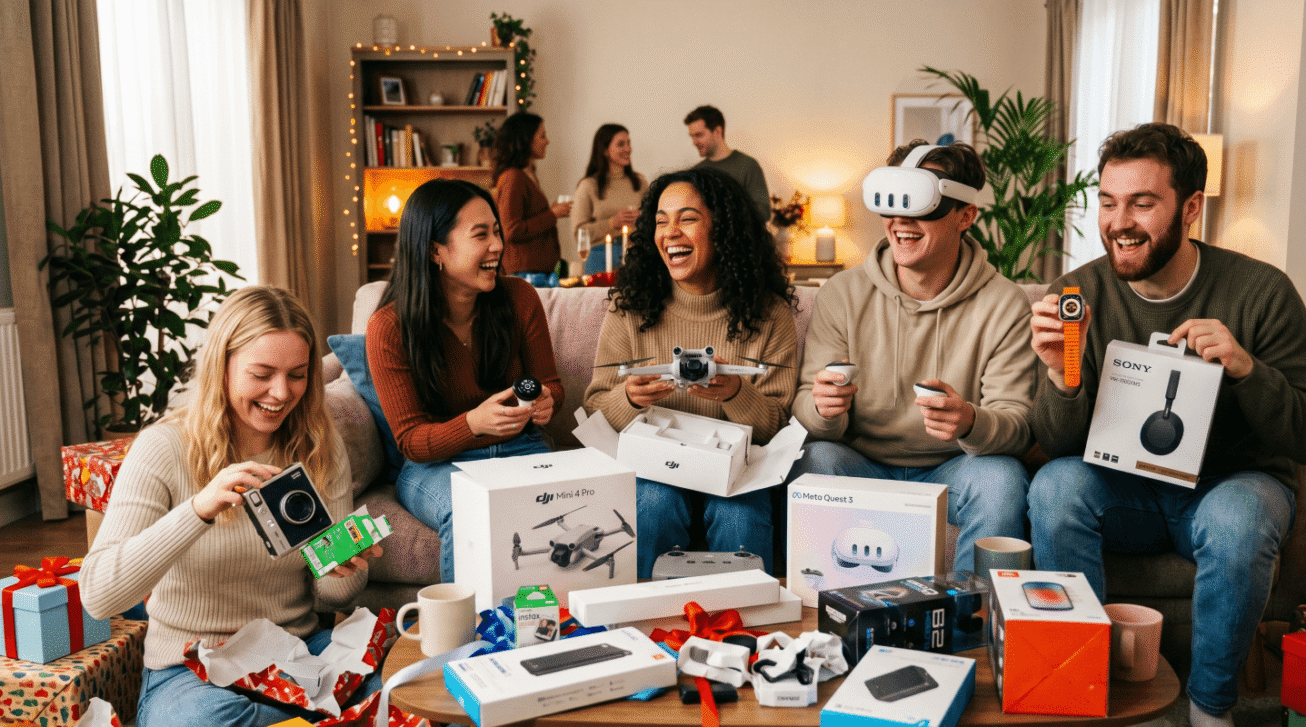 Freunde freuen sich über coole Gadgets als Geschenk, darunter VR-Brille, Drohne, Kamera, Smartwatch und Kopfhörer.