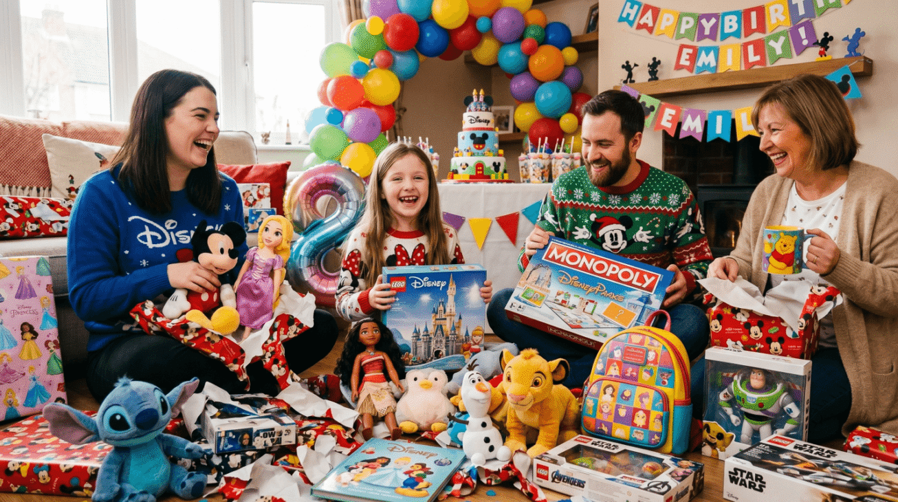 Familie feiert Geburtstag mit Disney Geschenken wie LEGO Disney Schloss, Plüschfiguren, Puppen, Monopoly und Star-Wars-Set.