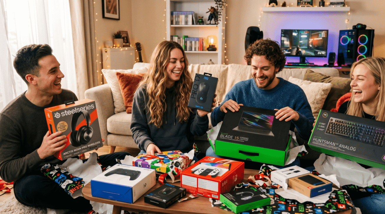 Vier Freunde freuen sich über Gaming Setup Geschenke wie Headset, Gaming-Maus, Laptop, Tastatur und Nintendo Switch Zubehör.