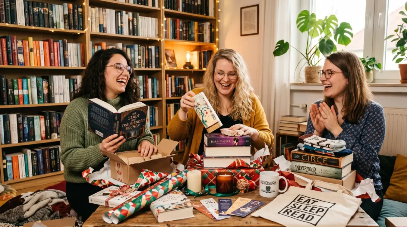 Drei Freundinnen freuen sich über Geschenke für Bücherwürmer wie Romane, Lesezeichen, Tasse, Tasche und Buchzubehör.