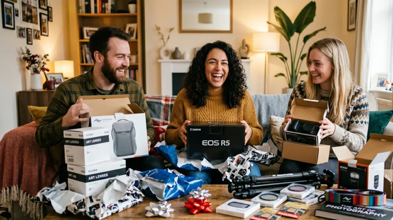 Drei Freunde freuen sich über Geschenke für Fotografen wie Canon Kamera, Objektive, Fotorucksack, Stativ und Filter.