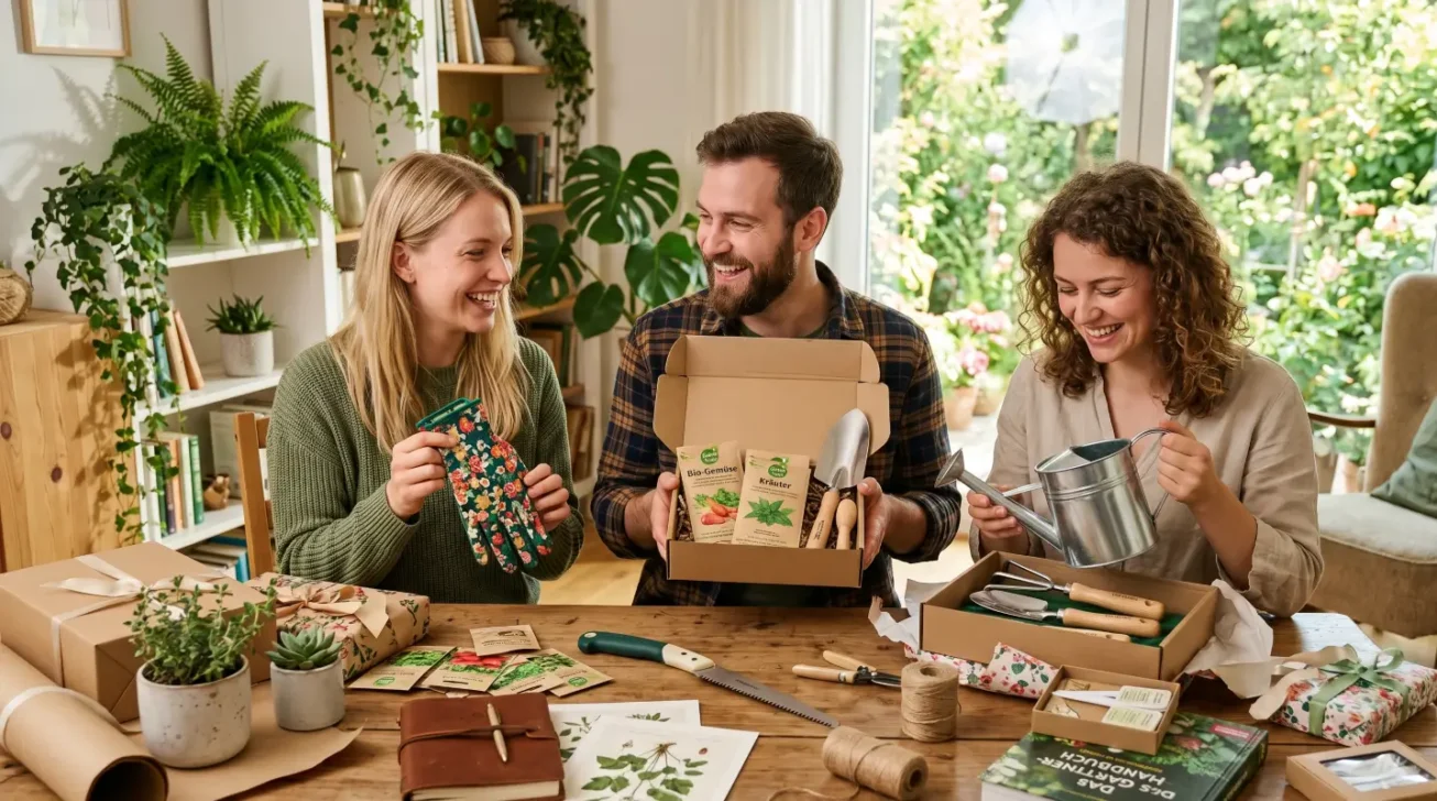 Drei Freunde freuen sich über Geschenke für Gärtner wie Gartenhandschuhe, Saatgut, Gießkanne, Pflanzwerkzeug und Zubehör.