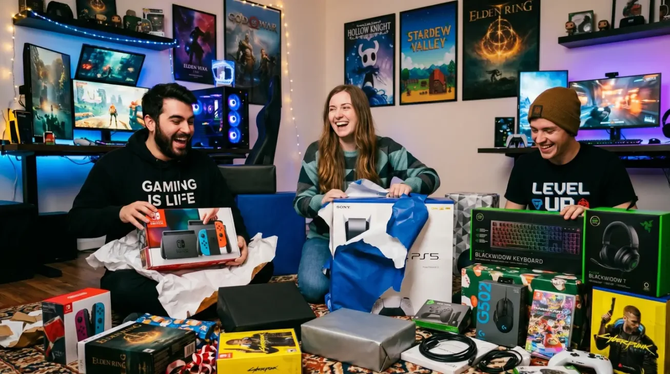 Drei Gamer freuen sich über Geschenke für Gamer wie Nintendo Switch, PS5, Gaming-Tastatur, Headset, Maus und Spiele.