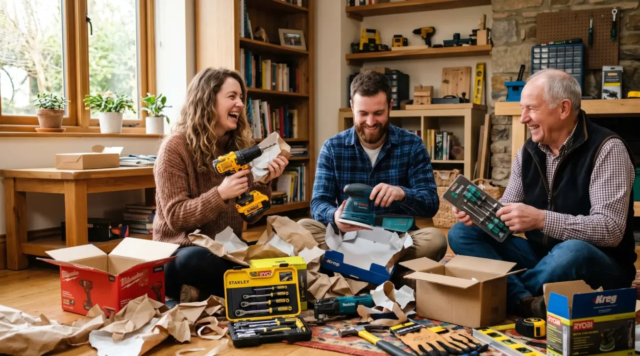Drei Heimwerker freuen sich über Geschenke für Heimwerker wie Akkuschrauber, Schleifer, Bit-Set, Werkzeugkoffer und Zubehör.