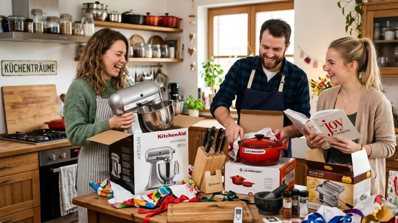 Drei Freunde freuen sich über Geschenke für Hobbyköche wie Küchenmaschine, Bräter, Messerblock, Pastamaschine und Kochbuch.