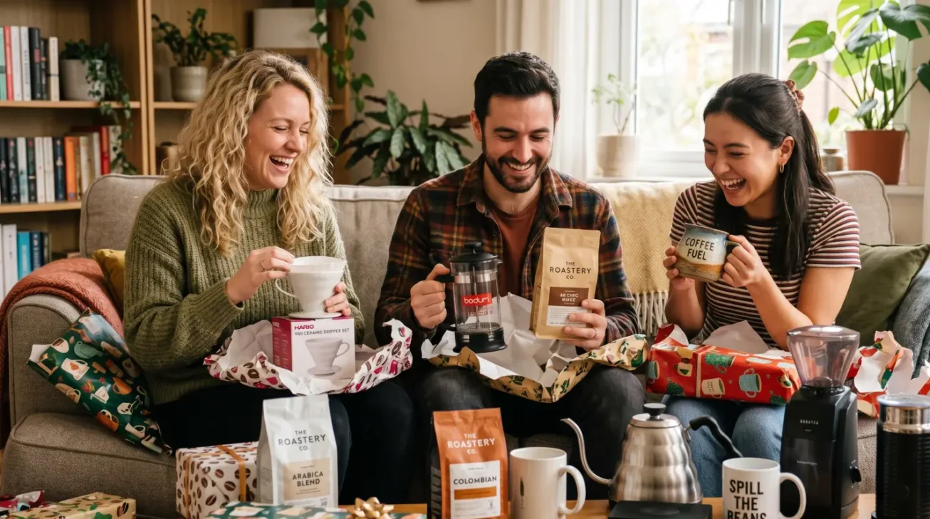 Drei Kaffeeliebhaber freuen sich über Geschenke für Kaffeeliebhaber wie Kaffeebohnen, French Press, Handfilter, Mühle und Tassen.