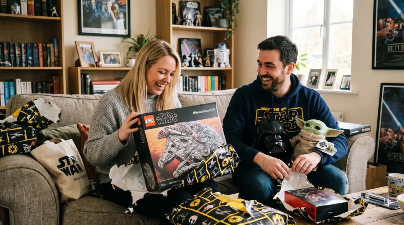 Zwei Star-Wars-Fans freuen sich über Geschenke für Star Wars Fans wie LEGO Millennium Falcon, Baby Yoda und Darth-Vader-Helm.