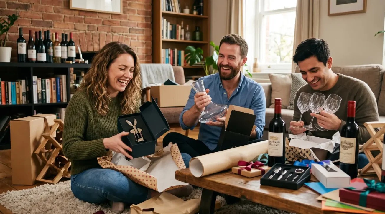 Drei Weinliebhaber freuen sich über Geschenke für Weinliebhaber wie Weinflaschen, Dekanter, Weingläser und Korkenzieher.