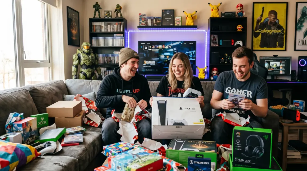 Drei Zocker freuen sich über Geschenke für Zocker wie PS5, Gaming-Headset, Stream Deck, Spiele und Konsolenzubehör.