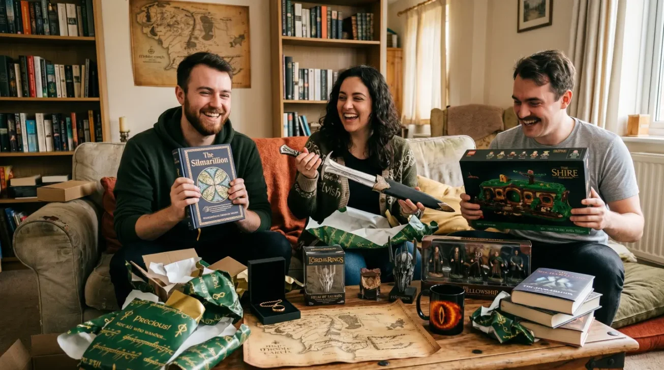 Drei Herr-der-Ringe-Fans freuen sich über Geschenke wie Buch, Schwert, LEGO Set, Figuren, Karte und Sammlerstücke.