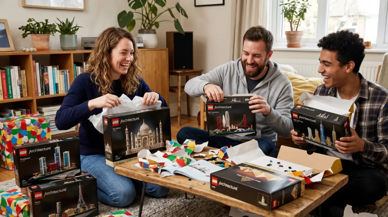 Drei Erwachsene freuen sich über LEGO Architecture Geschenke wie Taj Mahal, San Francisco, New York, Paris und Singapore Sets.