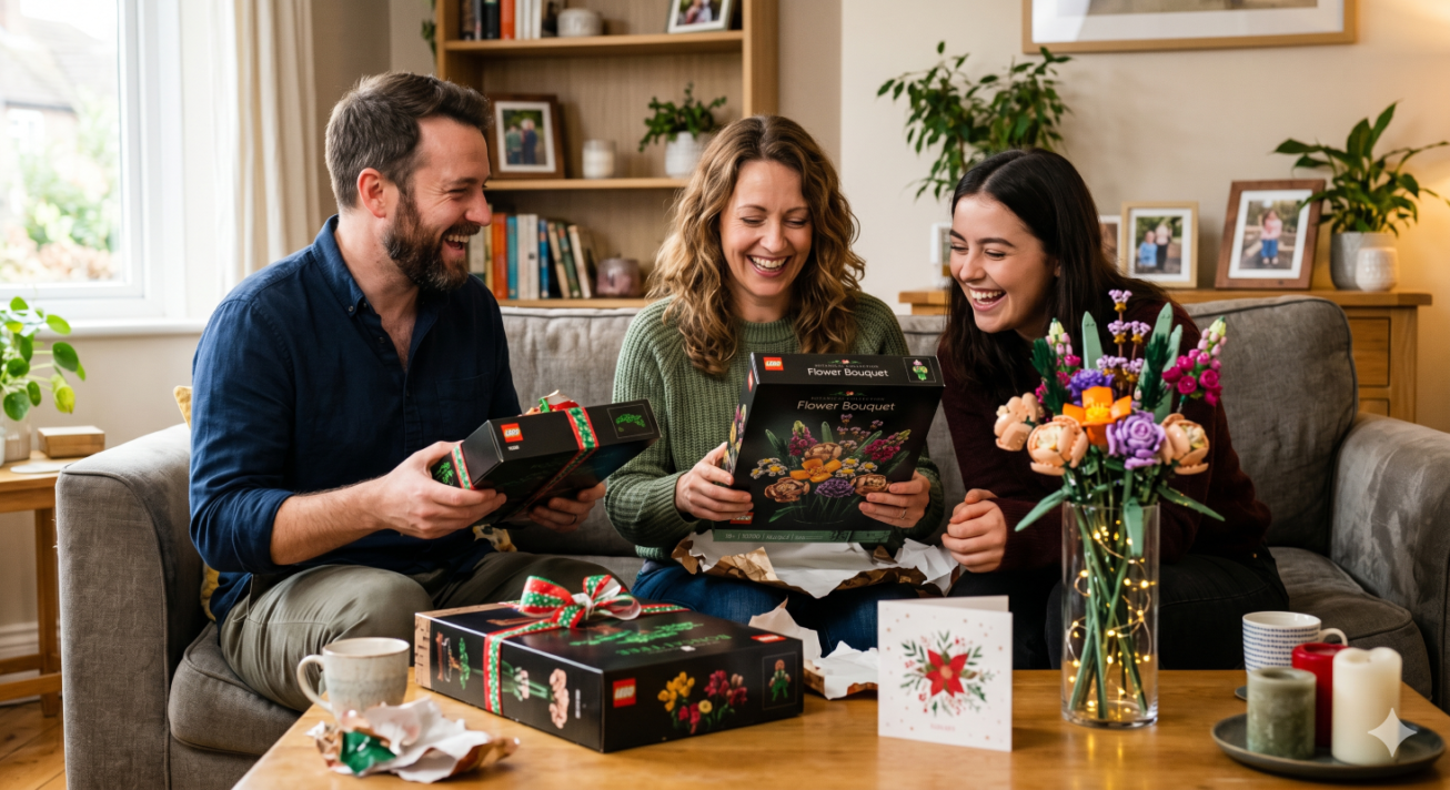 Drei Erwachsene freuen sich im Wohnzimmer über LEGO Botanic Sets, darunter ein Flower Bouquet mit dekorativem Blumenstrauß auf dem Tisch.