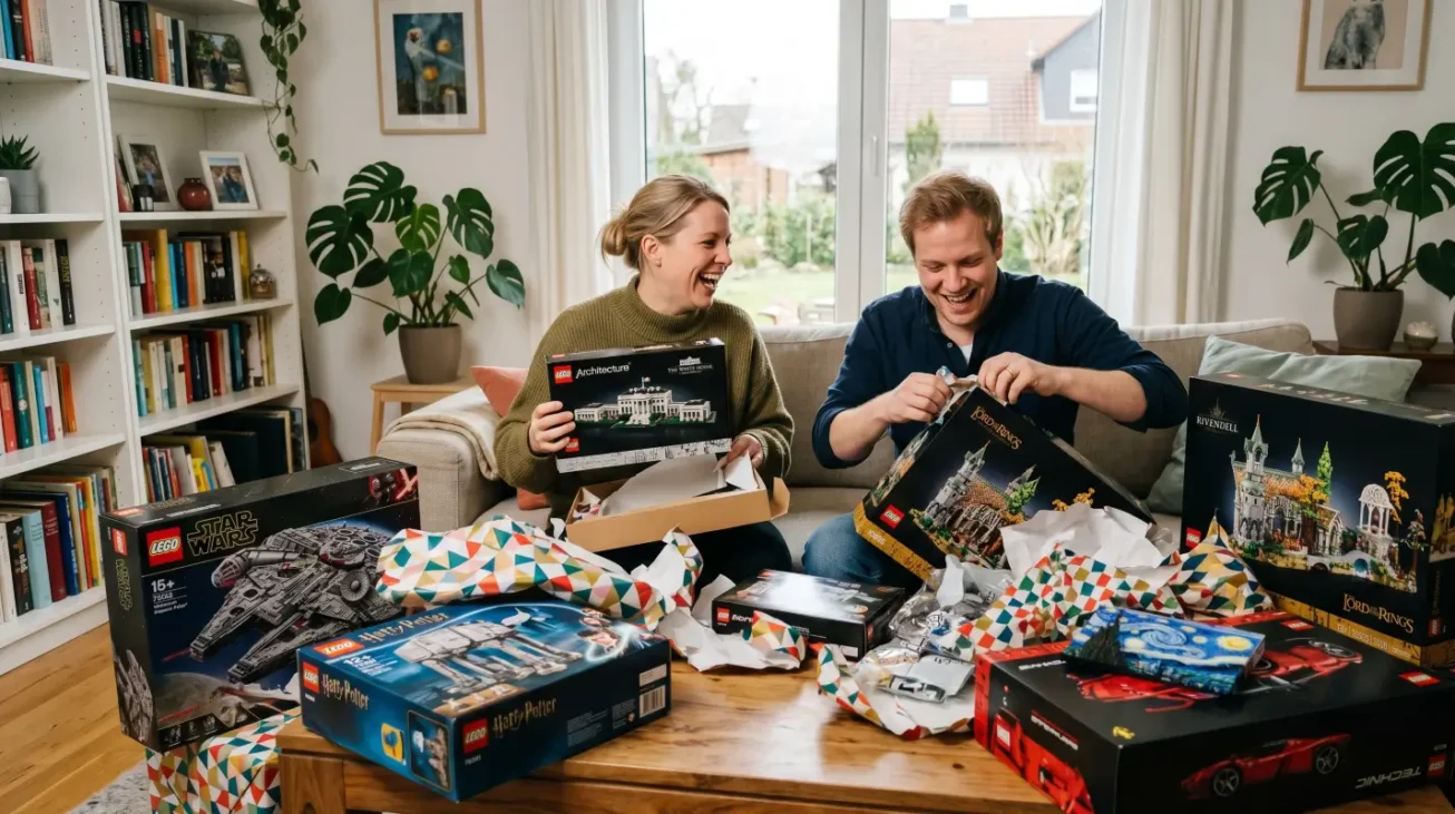 Zwei Erwachsene freuen sich über LEGO für Erwachsene wie Star Wars, Harry Potter, Architecture, Herr der Ringe und Technic Sets.