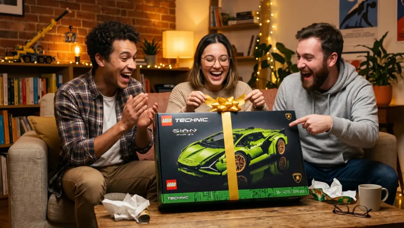 Drei Erwachsene freuen sich über ein LEGO Technic Lamborghini Set als Geschenk im gemütlichen Wohnzimmer.