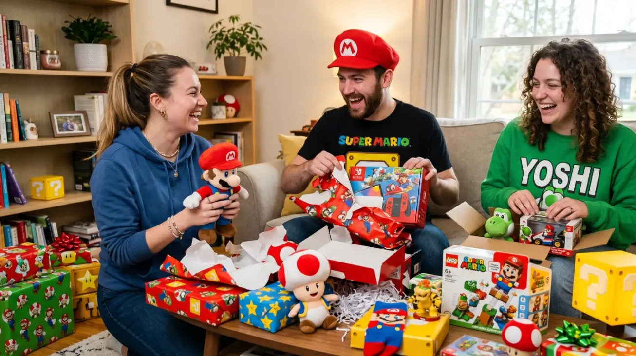 Drei Super-Mario-Fans freuen sich über Mario Geschenke wie Nintendo Switch, Plüschfiguren, LEGO Super Mario und Yoshi-Merch.