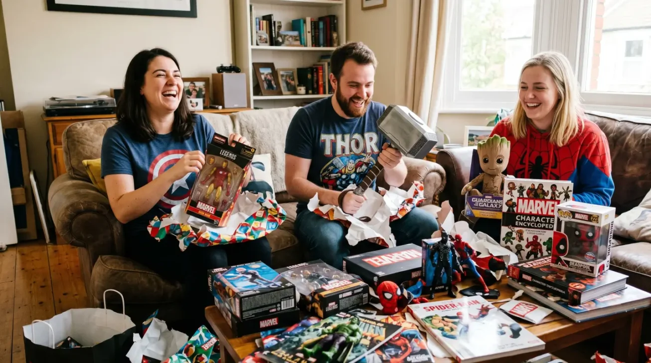 Drei Marvel-Fans freuen sich über Marvel Geschenke wie Actionfiguren, Thor-Hammer, Groot-Figur, Comics und Sammlerstücke.