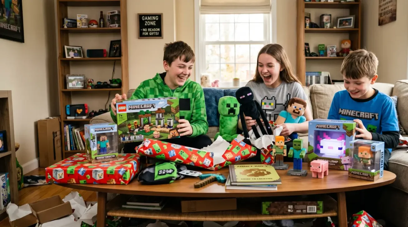 Drei Minecraft-Fans freuen sich über Minecraft Geschenke wie LEGO Set, Plüschfiguren, Spielfiguren, Lampe und Fanartikel.