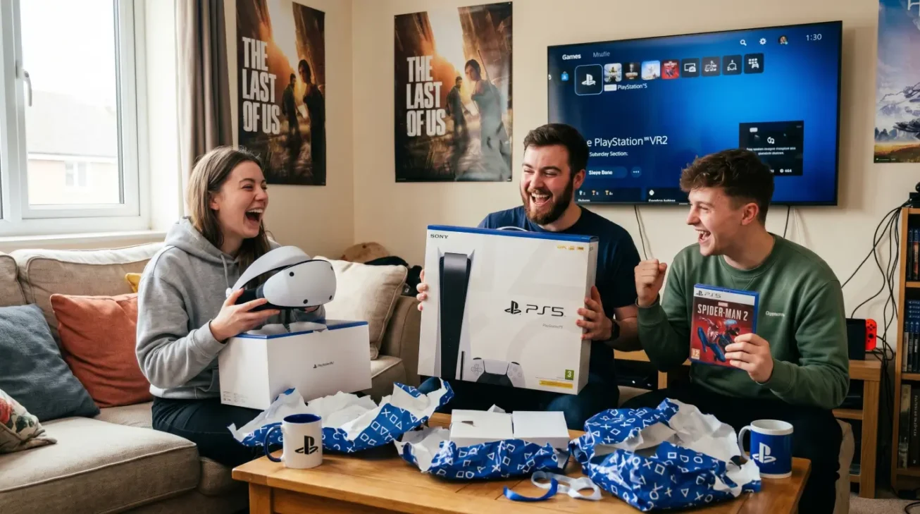 Drei PlayStation-Fans freuen sich über Geschenke wie PS5, PlayStation VR2, Spider-Man-Spiel und passendes Zubehör.