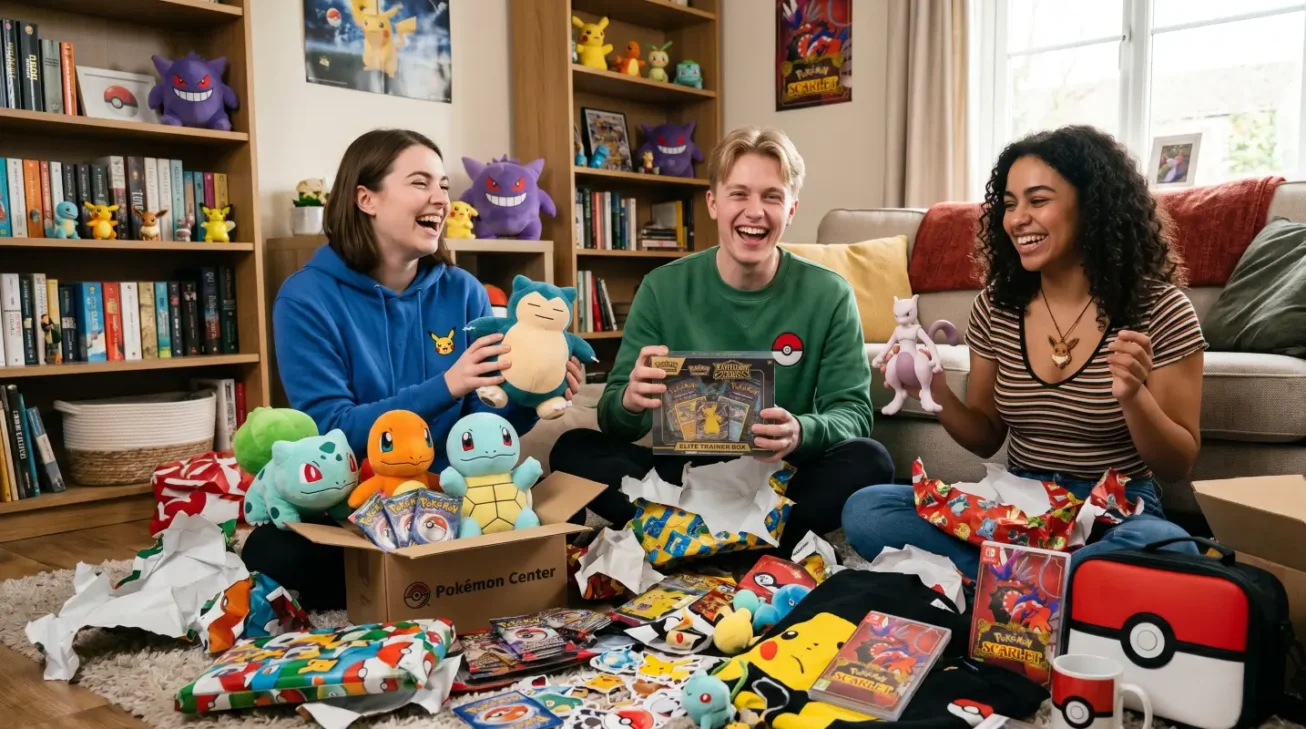 Drei Pokémon-Fans freuen sich über Pokémon Geschenke wie Plüschfiguren, Sammelkarten, Trainer Box, Rucksack und Merch.
