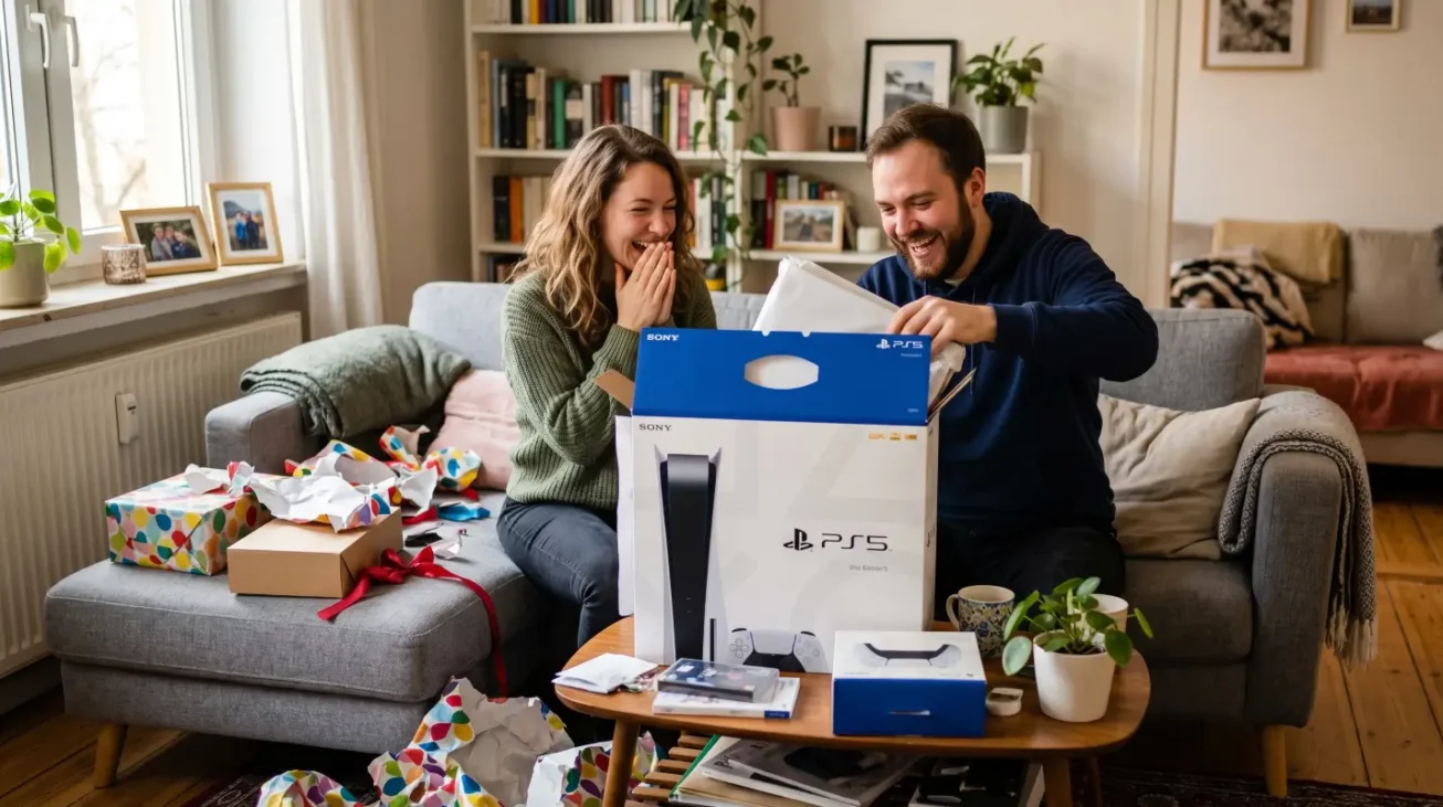 Zwei Erwachsene freuen sich über ein PS5 Geschenk mit PlayStation 5 Konsole, Zubehör und Spielen im Wohnzimmer.