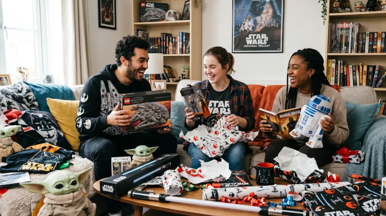 Drei Star-Wars-Fans freuen sich über Star Wars Geschenke wie LEGO Millennium Falcon, R2-D2, Lichtschwert und Fanartikel.