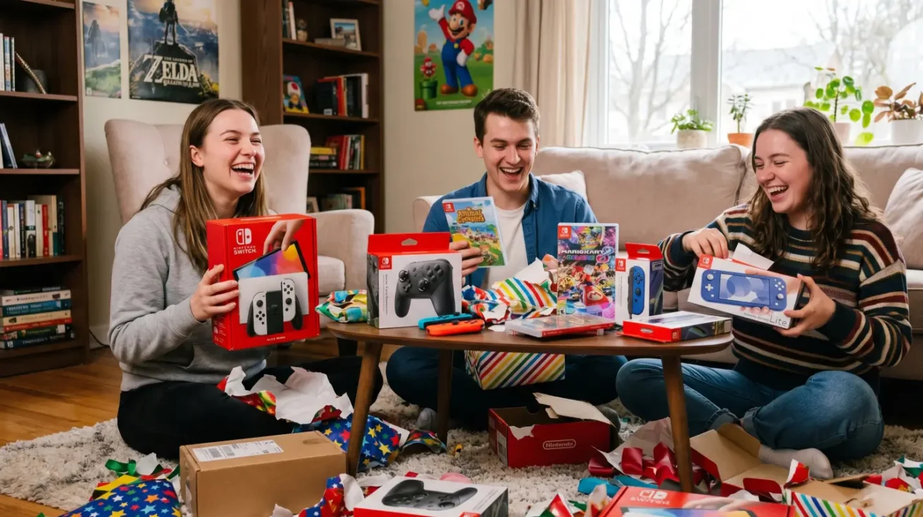 Drei Nintendo-Fans freuen sich über Switch Geschenke wie Nintendo Switch, Switch Lite, Pro Controller, Joy-Con und Spiele.