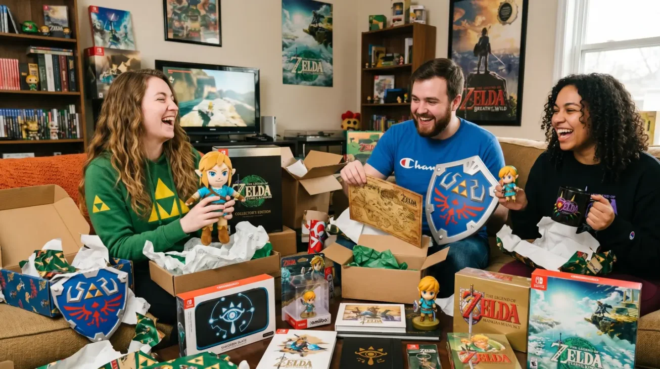 Drei Zelda-Fans freuen sich über Zelda Geschenke wie Link-Figur, Hylia-Schild, Collector’s Edition, Tasse und Fanartikel.