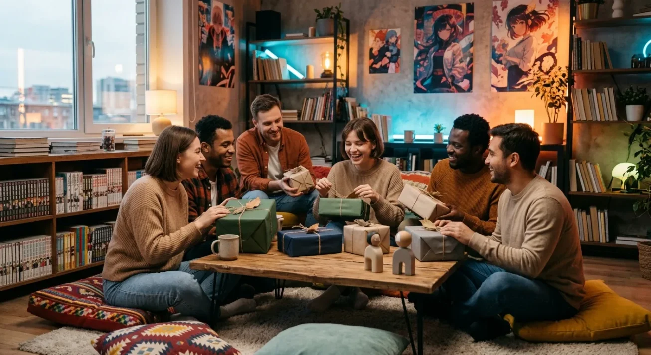 Sechs Freunde sitzen auf Kissen im Wohnzimmer und tauschen verpackte Geschenke am Couchtisch aus, mit Postern im Anime-Stil