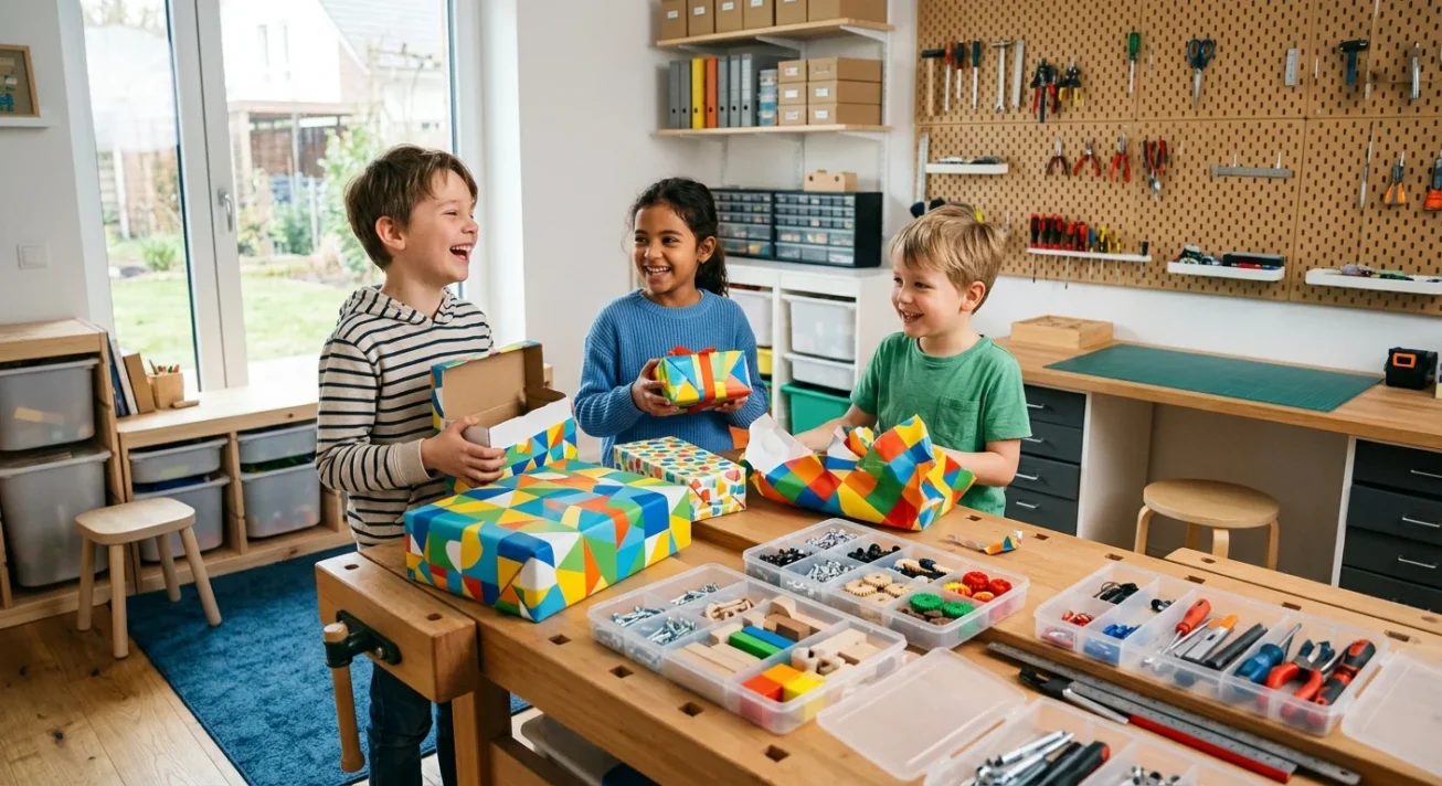 Drei Kinder öffnen bunte Geschenke an einer Werkbank, umgeben von Werkzeug und Sortierkästen.