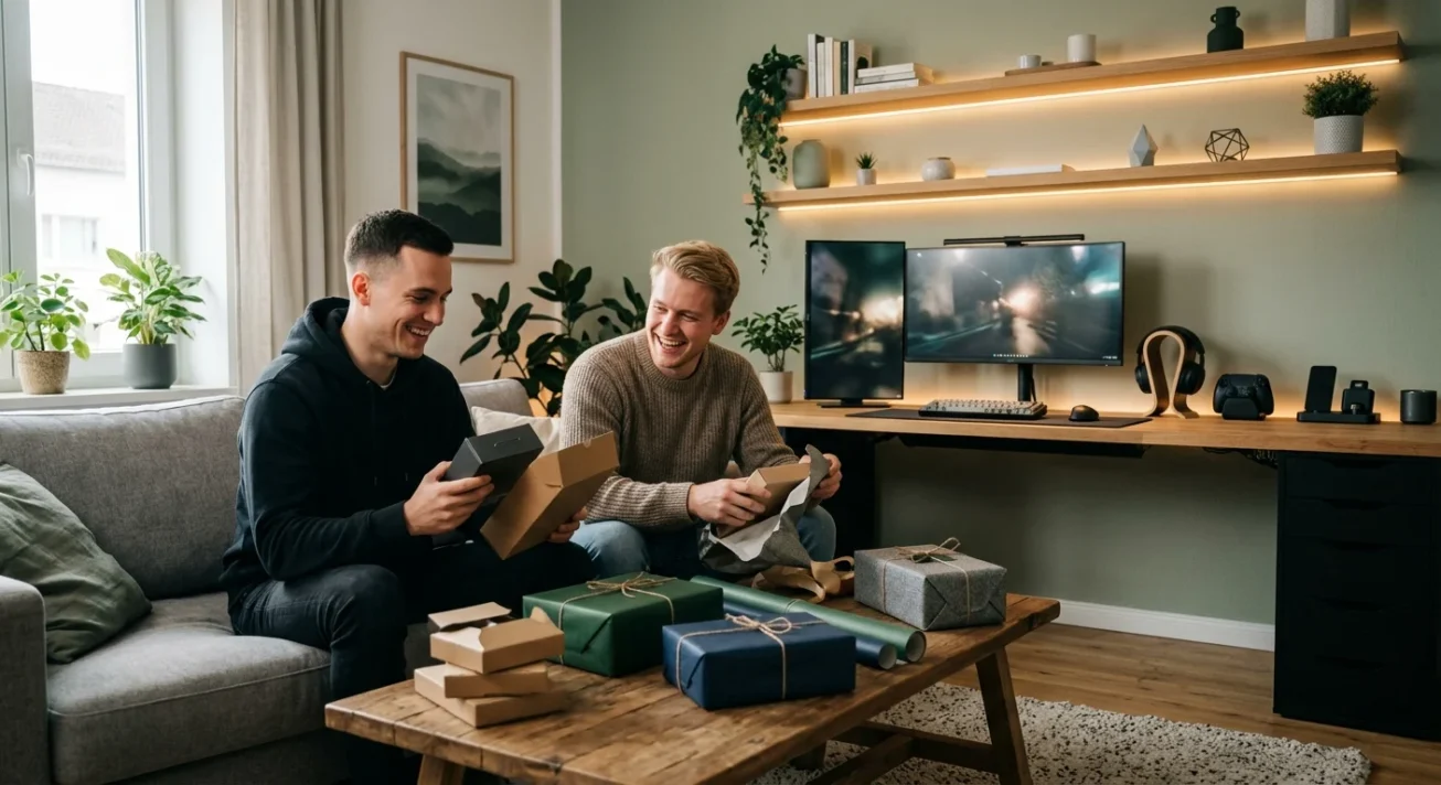 Zwei Männer öffnen Geschenke auf dem Sofa, im Hintergrund ein Gaming-Schreibtisch mit Monitoren.
