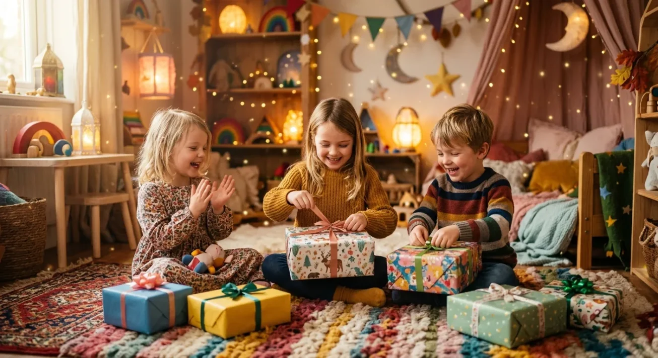 Drei lachende Kinder öffnen bunt verpackte Geschenke in einem gemütlich dekorierten Kinderzimmer