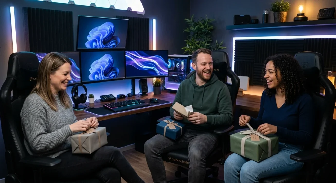 Drei Personen öffnen Geschenke in einem modernen Gaming-Zimmer mit mehreren Monitoren und beleuchtetem PC