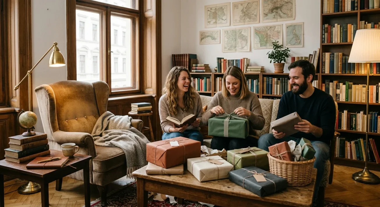 Drei Freunde öffnen Geschenke und lesen in einem gemütlichen Wohnzimmer mit Bücherregalen und vielen Paketen