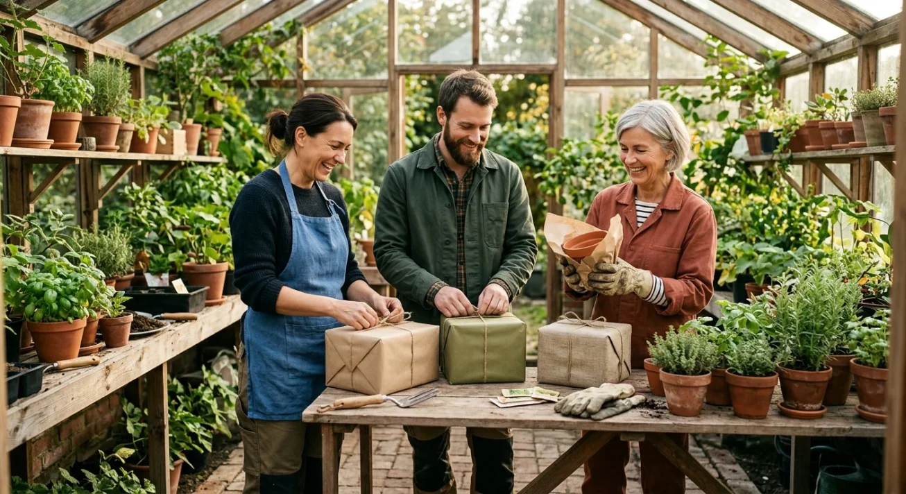 Drei Personen verpacken Geschenke in einem Gewächshaus, umgeben von Kräutern in Töpfen und Gartenzubehör.
