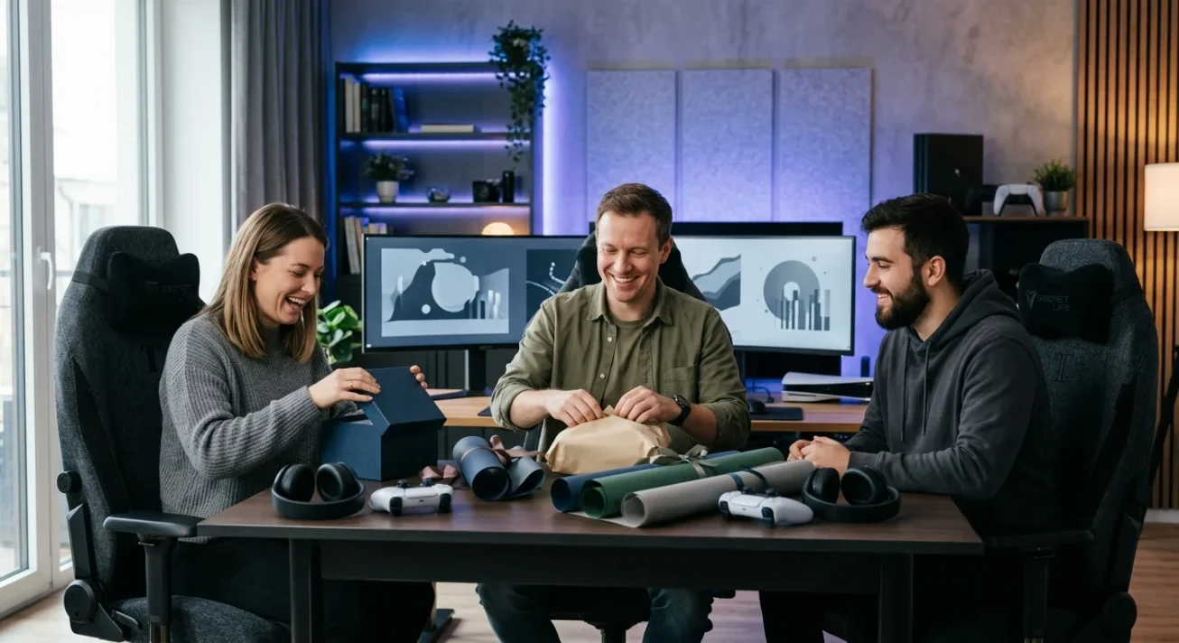 Drei Personen verpacken Geschenke an einem Schreibtisch mit Gamecontrollern, VR-Headsets und Monitoren