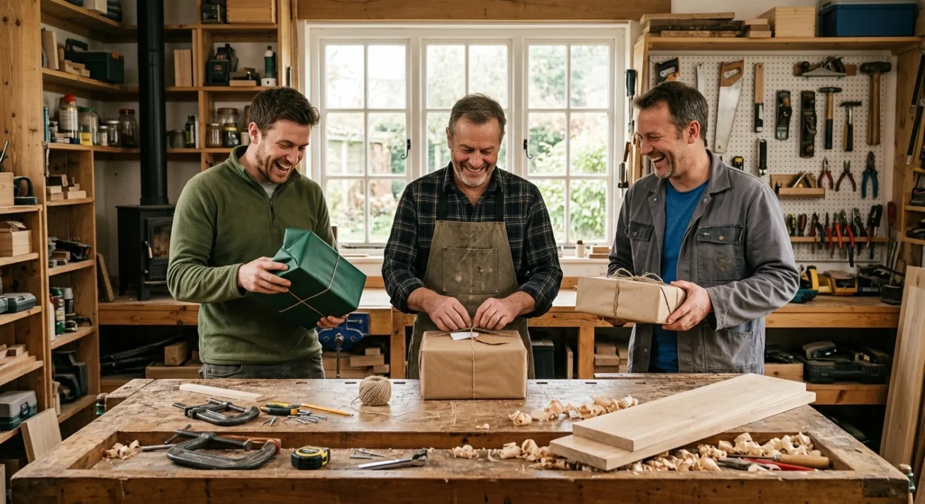 Drei Männer in einer Werkstatt verpacken Geschenke auf einer Werkbank, umgeben von Holz und Werkzeugen.