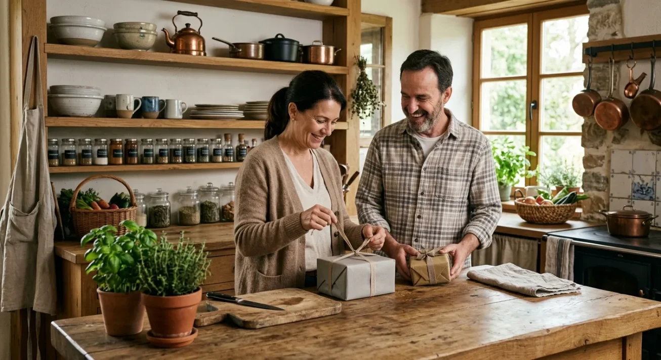 Paar verpackt Geschenke mit Schnur in einer gemütlichen Landhausküche mit Kräutertöpfen und Gewürzgläsern