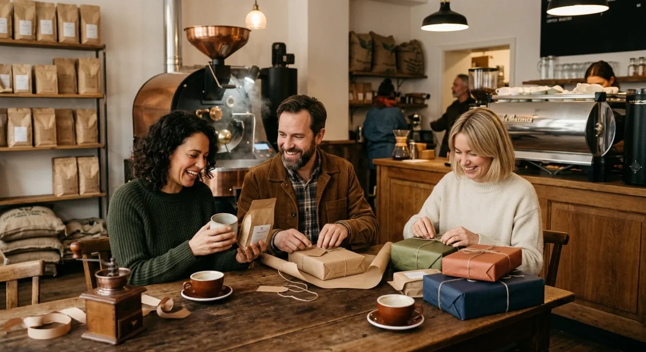 Drei Personen verpacken Geschenke an einem Holztisch in einem Café mit Kaffeemaschine und Kaffeetassen