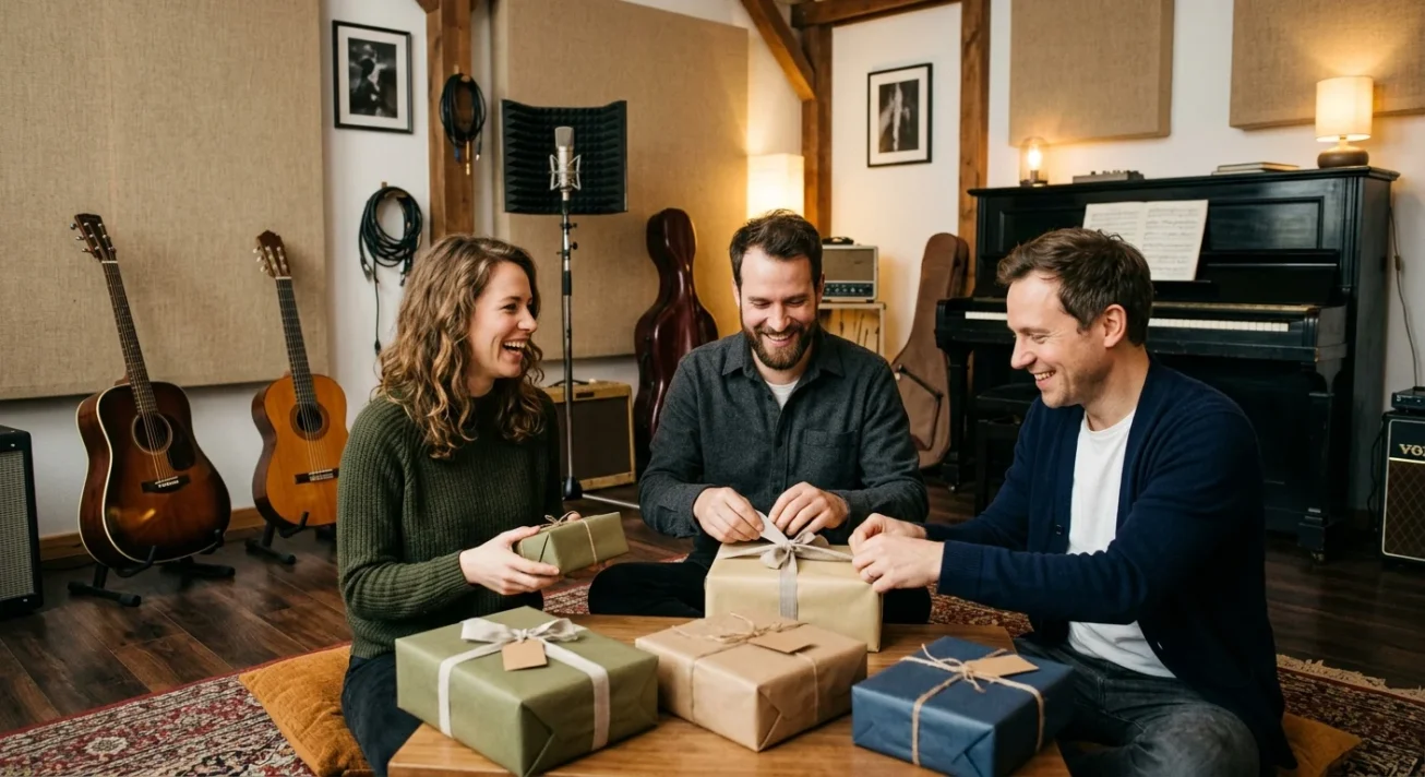 Drei Erwachsene verpacken Geschenke an einem Couchtisch in einem Musikstudio mit Gitarren und Klavier.