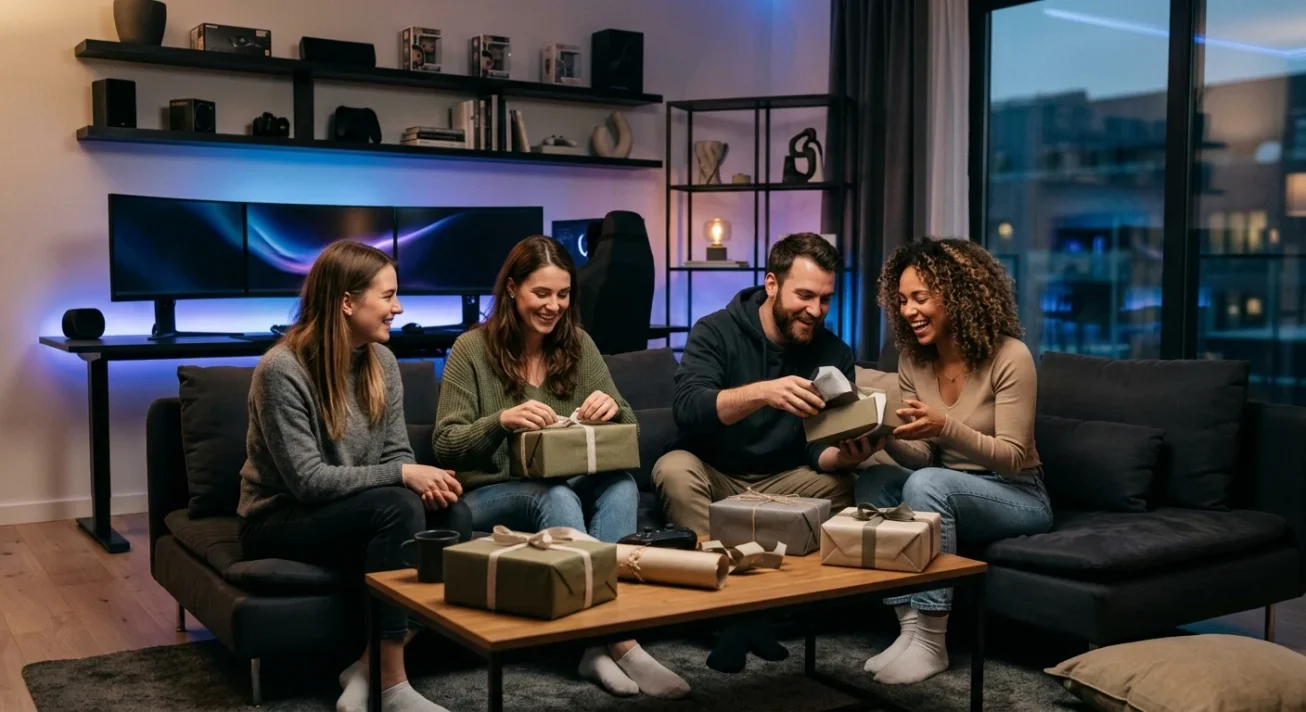 Vier Freunde öffnen verpackte Geschenke auf dem Sofa in einem modernen Wohnzimmer mit Monitor-Setup.
