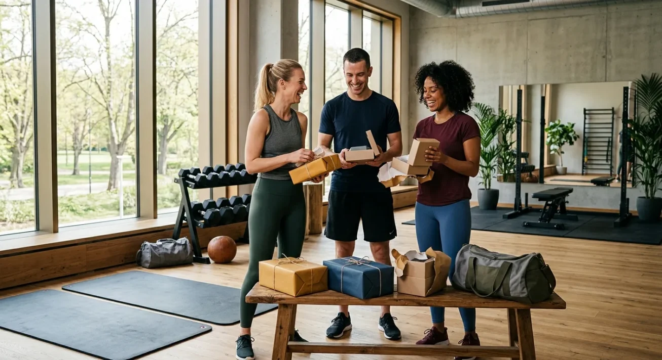 Drei Menschen in Sportkleidung öffnen Geschenkboxen im hellen Fitnessstudio neben einer Bank mit verpackten Päckchen