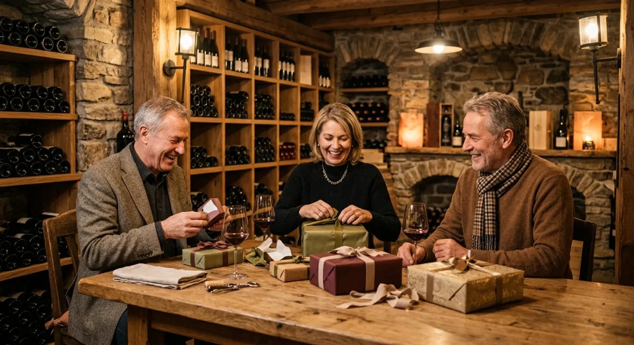 Drei Erwachsene öffnen Geschenke an einem Holztisch in einem Weinkeller, mit Gläsern Rotwein und Regalen voller Flaschen.