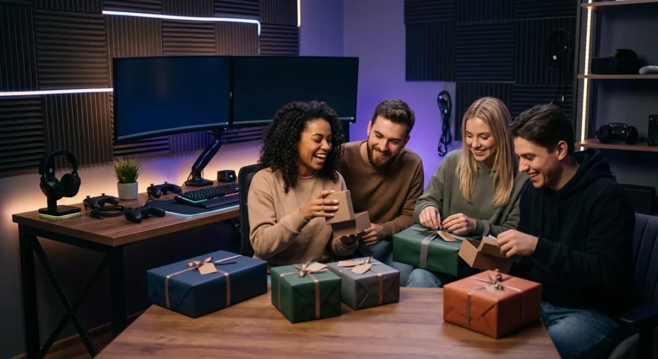 Vier junge Erwachsene öffnen Geschenke an einem Tisch in einem Gaming‑Zimmer mit Monitoren, Tastatur und Headset.