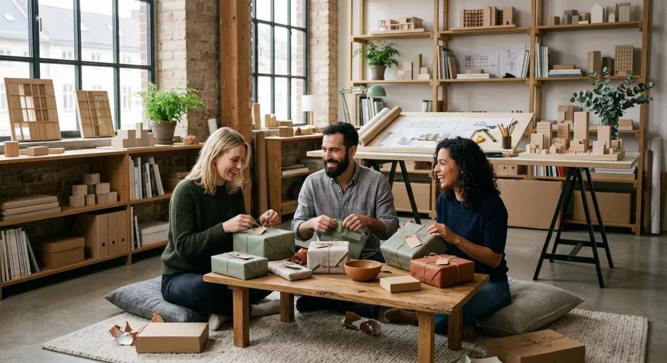 Menschen verpacken Geschenke an einem niedrigen Holztisch in einem Studio mit Regalen und Architekturmodellen.