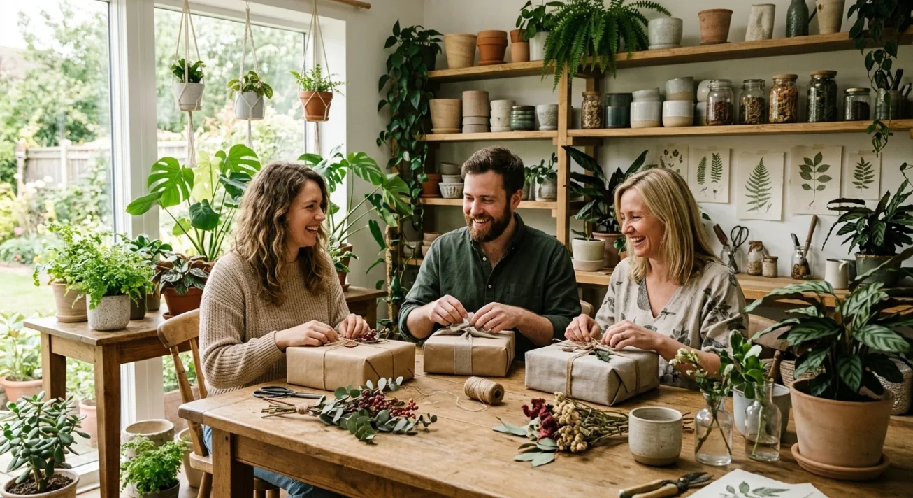 Drei Erwachsene verpacken Geschenke mit naturfarbenem Papier und Blättern in einem hellen Zimmer voller Zimmerpflanzen