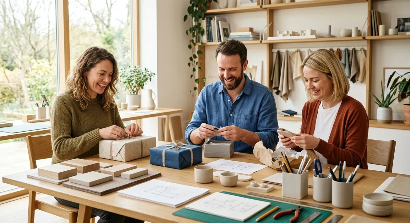 Drei Erwachsene verpacken Geschenke an einem Holztisch in einem hellen Atelier mit Boxen, Papier und Schnur