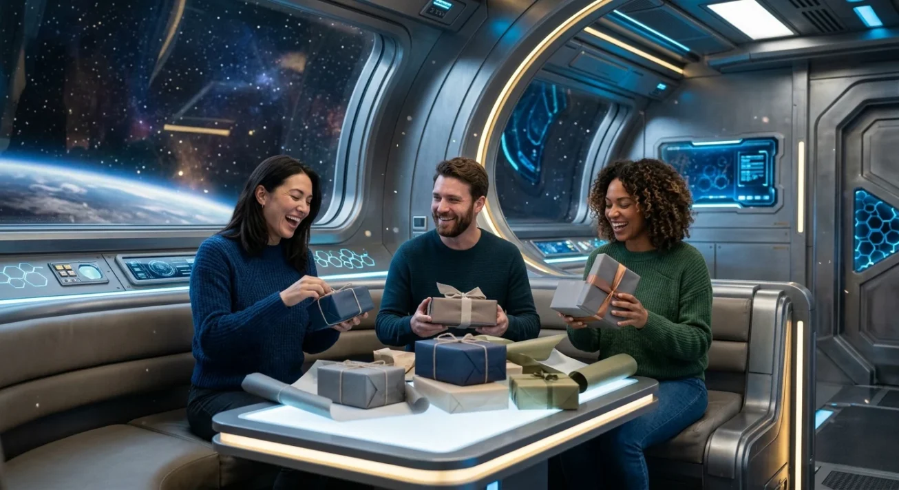 Drei Freunde in einem futuristischen Raumschiff öffnen Geschenke an einem Tisch mit Blick auf die Erde durchs Fenster