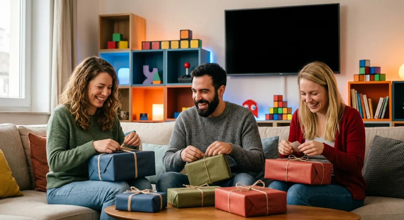 Drei Freunde sitzen auf dem Sofa und öffnen verpackte Geschenke in einem gemütlichen Wohnzimmer.